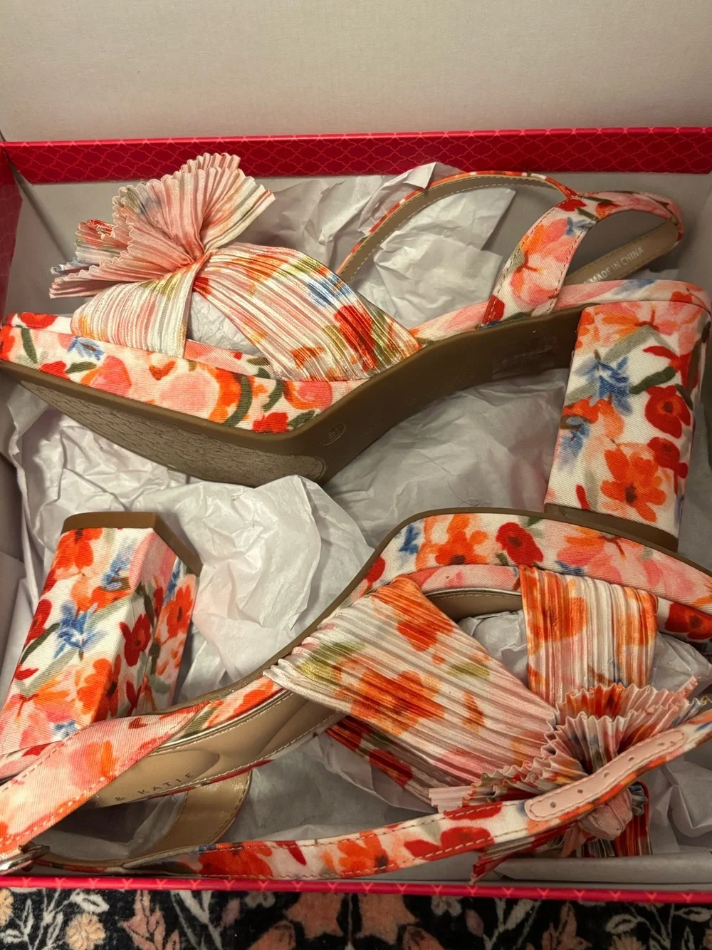 Kelly & Katie Floral Pleated Bow Platform Sandal - Coral Multi